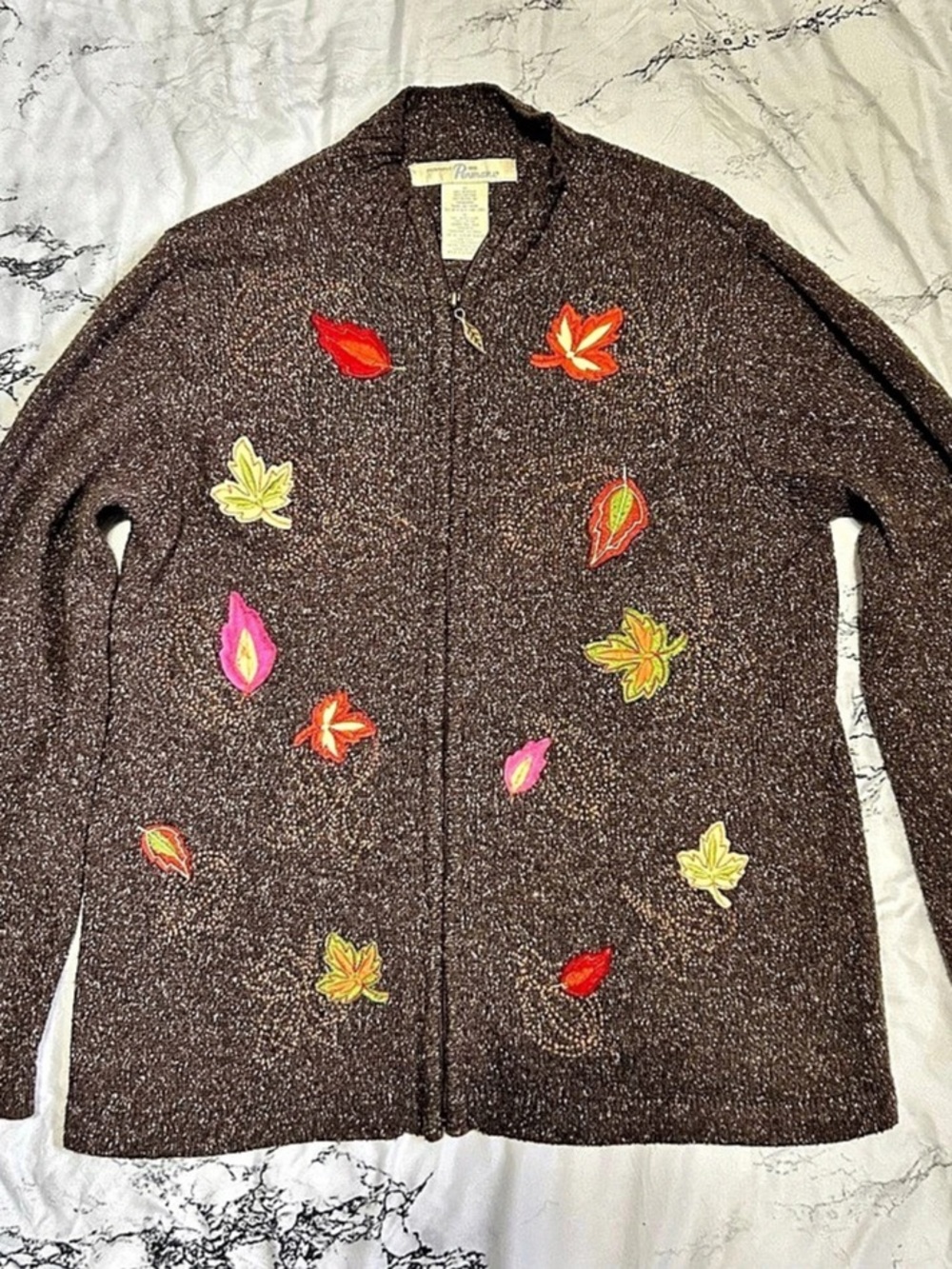 ✨Vintage✨90s | Penman’s | M | Embroidered Leaf Cardigan | Brown Knit Zip Front